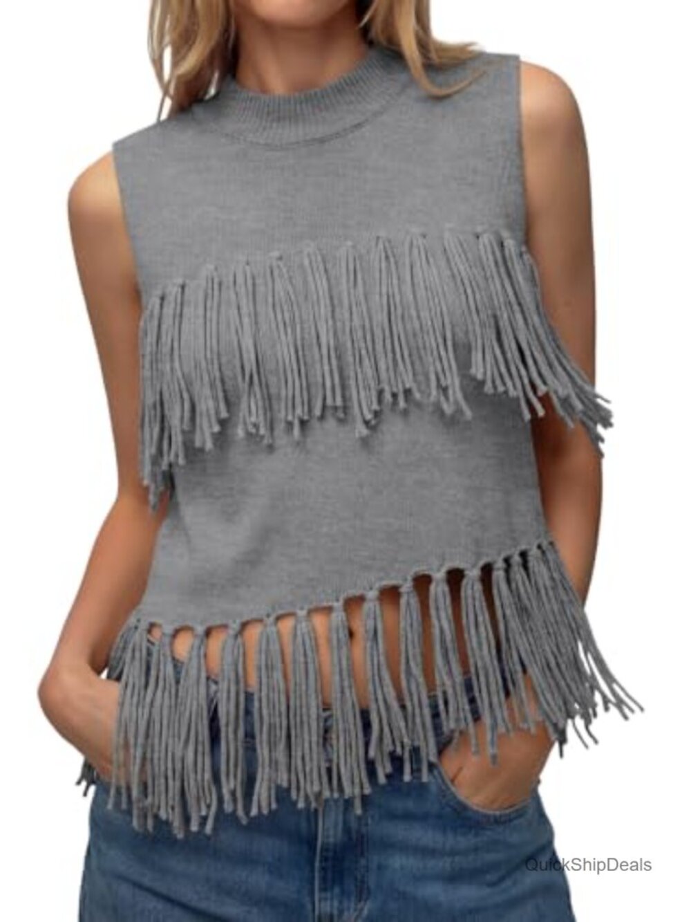 Fringe Knit Sleeveless Sweater Vest Lightweight Crop Tank Top
